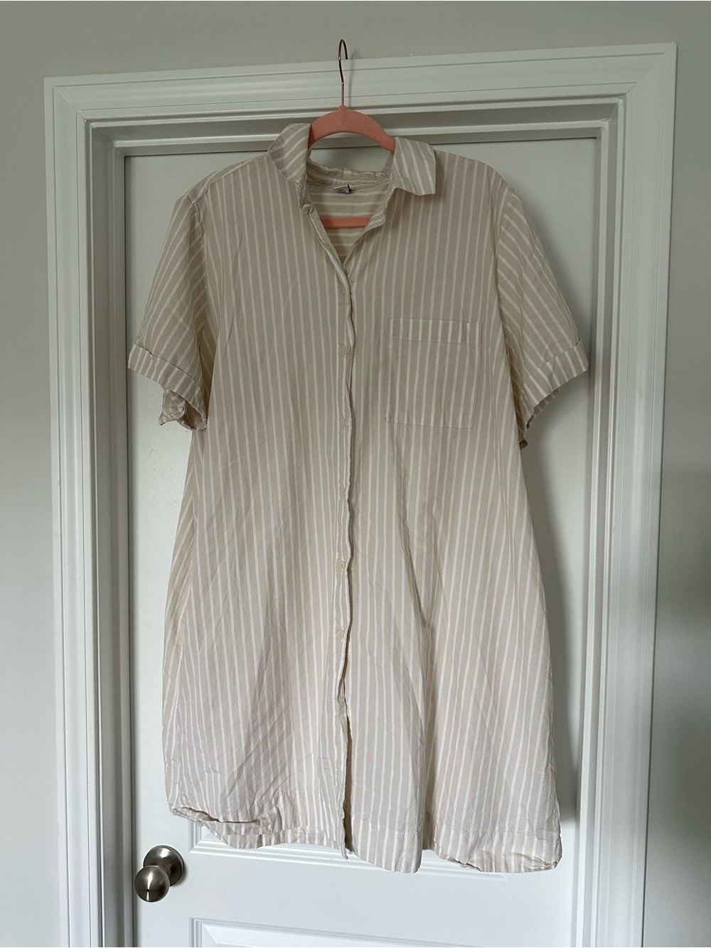 Old Navy Beige and White Striped Short-Sleeve Button-Down Dress